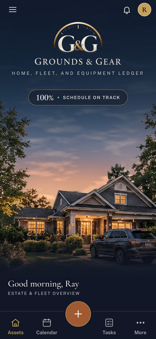 The Grounds & Gear app showing a home at dusk and a Schedule On Track status of 100%